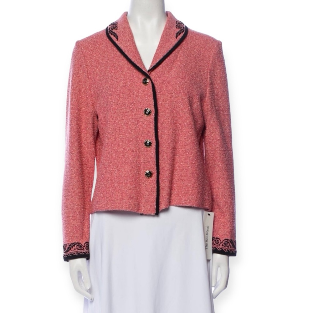 ST. JOHN Classic Blazer Salmon Tweed Black Embellishment Like New